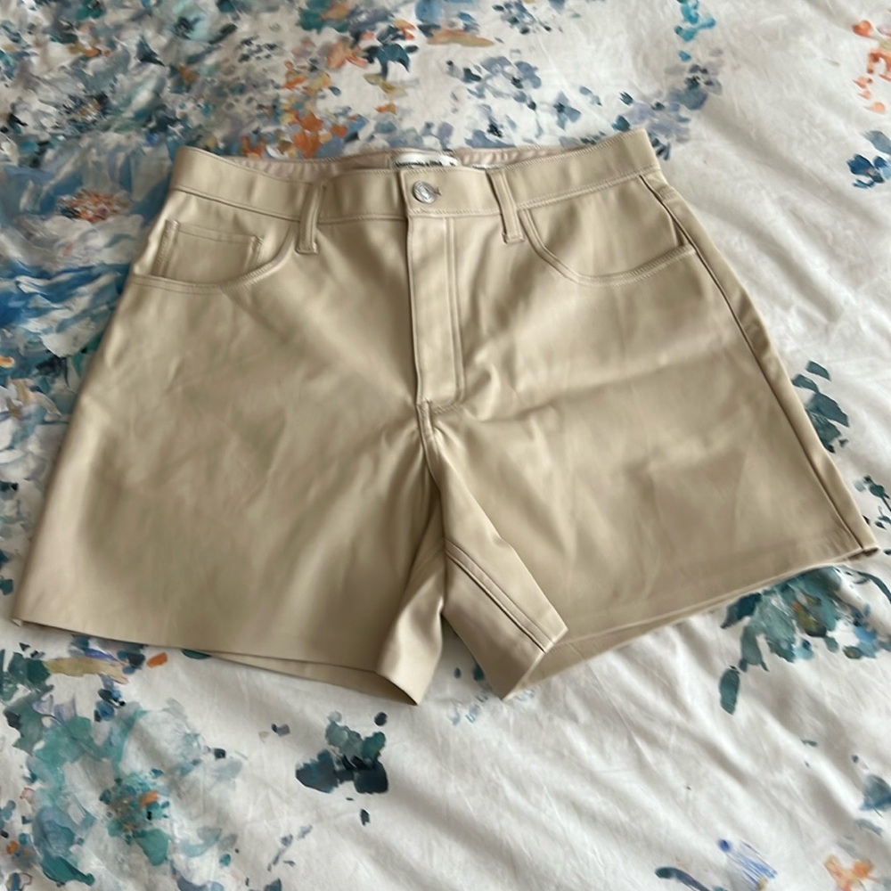 Abercrombie & Fitch High Waist Faux Leather Shorts in Beige